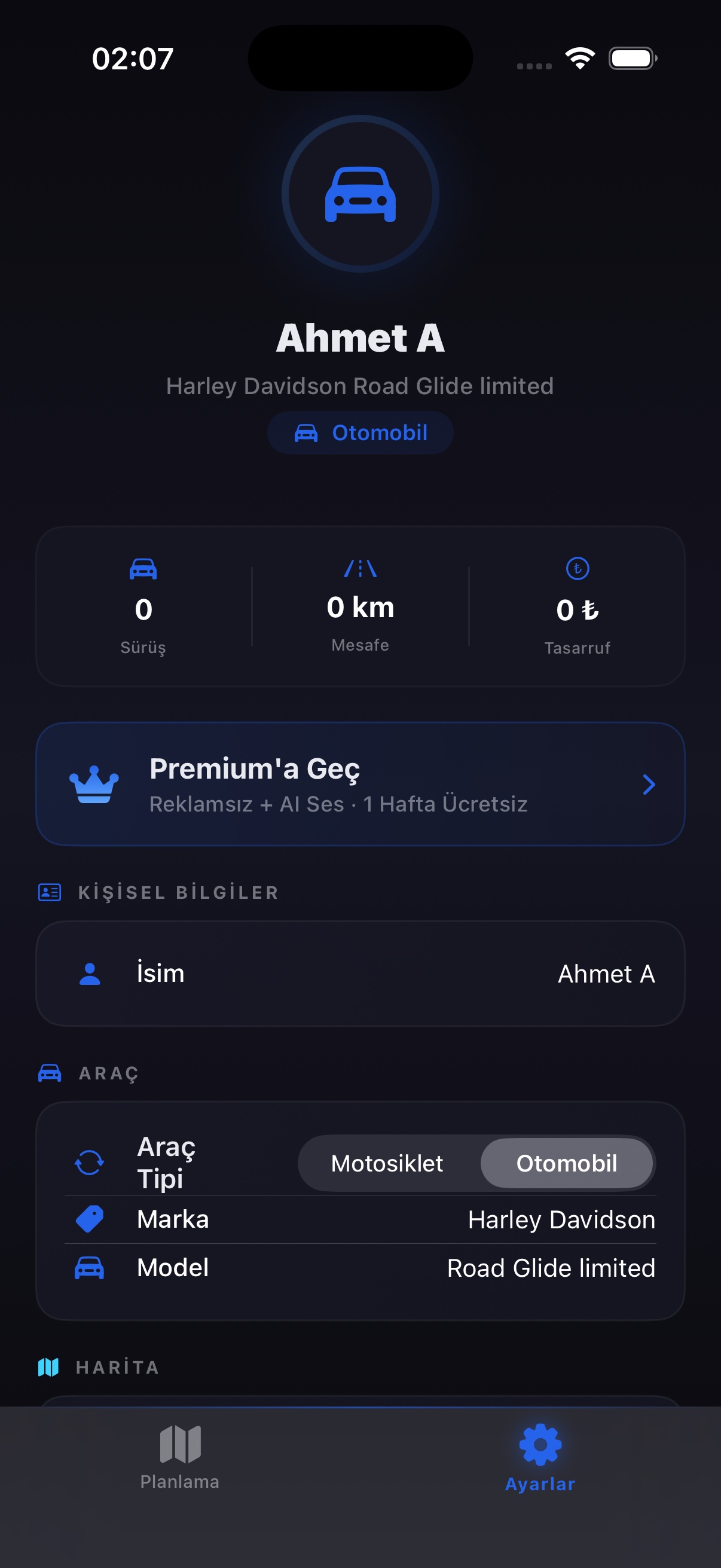 Otomobil Modu — Profil Ekranı