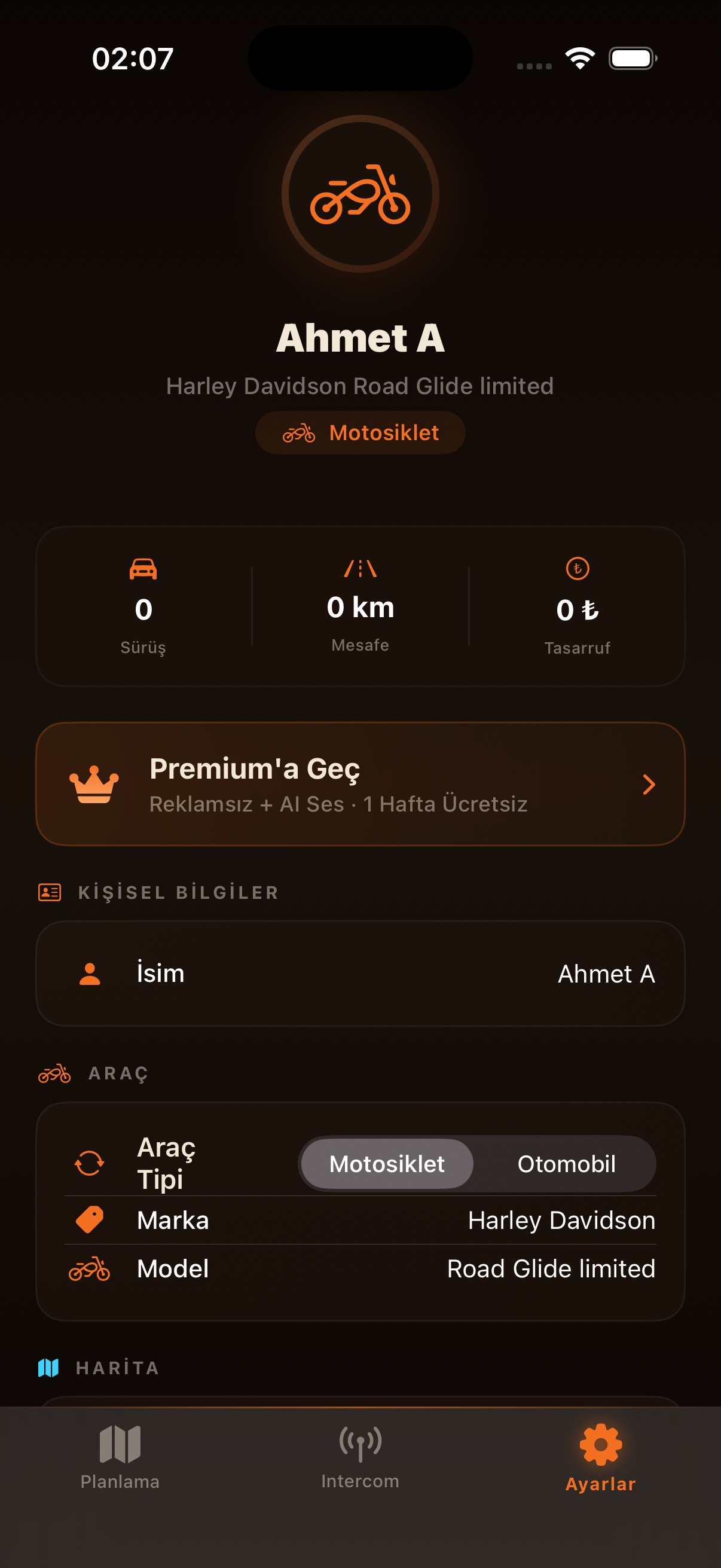 Motosiklet Modu — Profil Ekranı