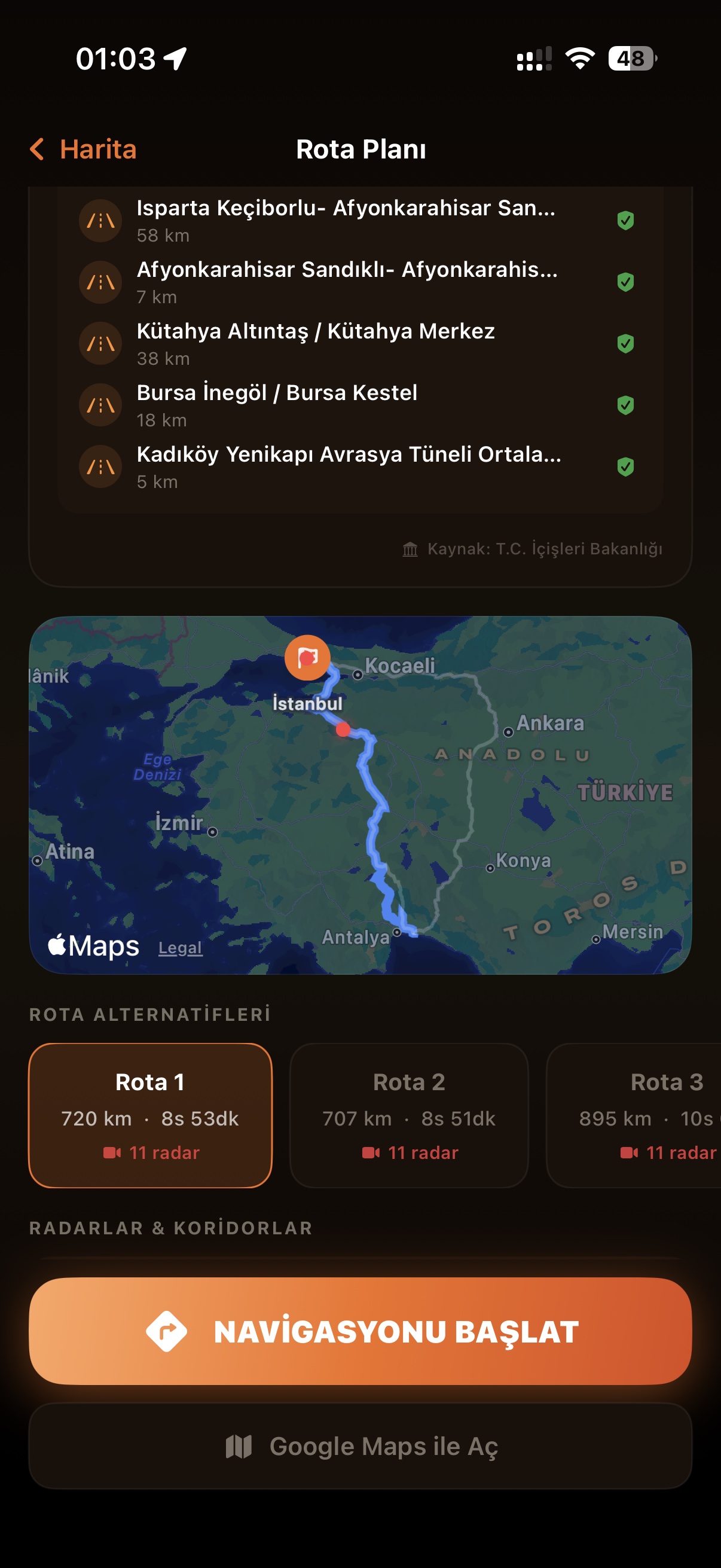 Akıllı Rotalama — Harita ve Alternatifler